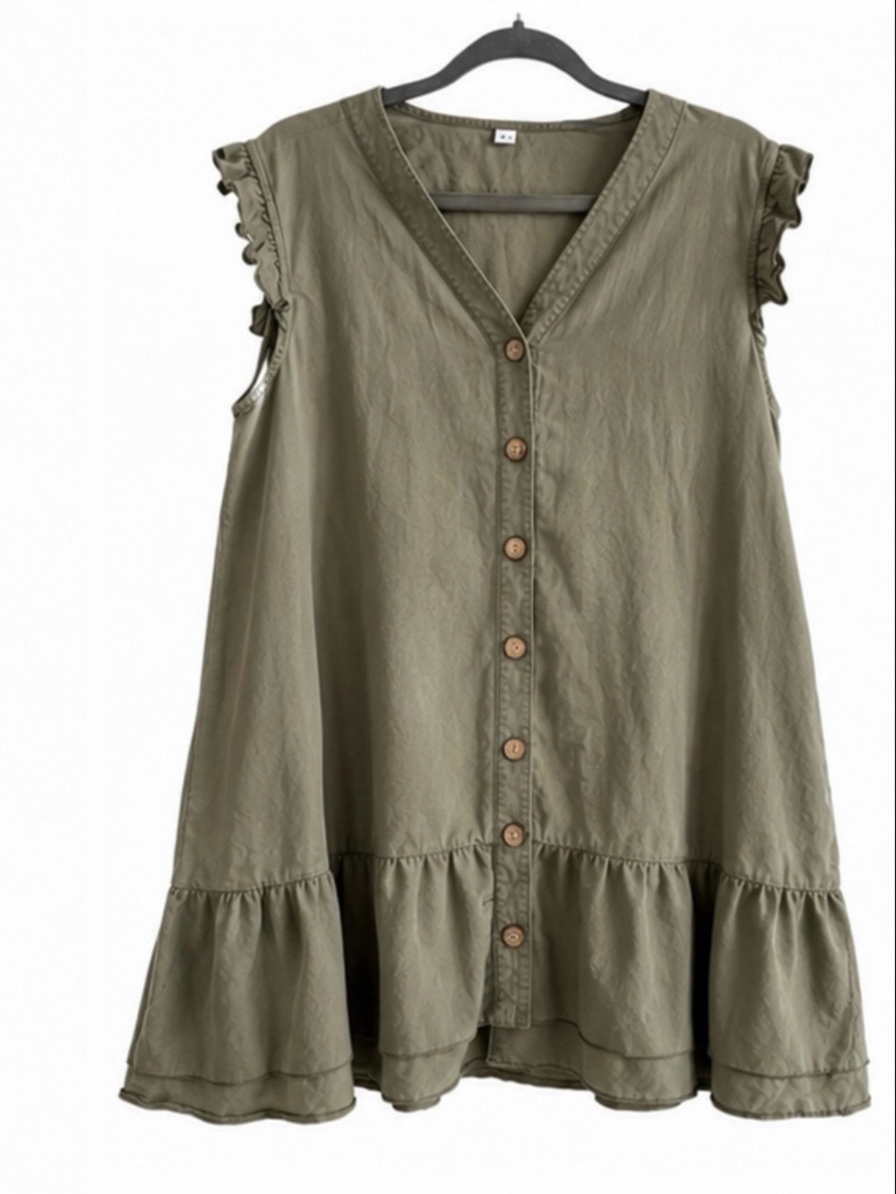 Olive Green Ruffle Sleeve Button Front Babydoll Dress S/M